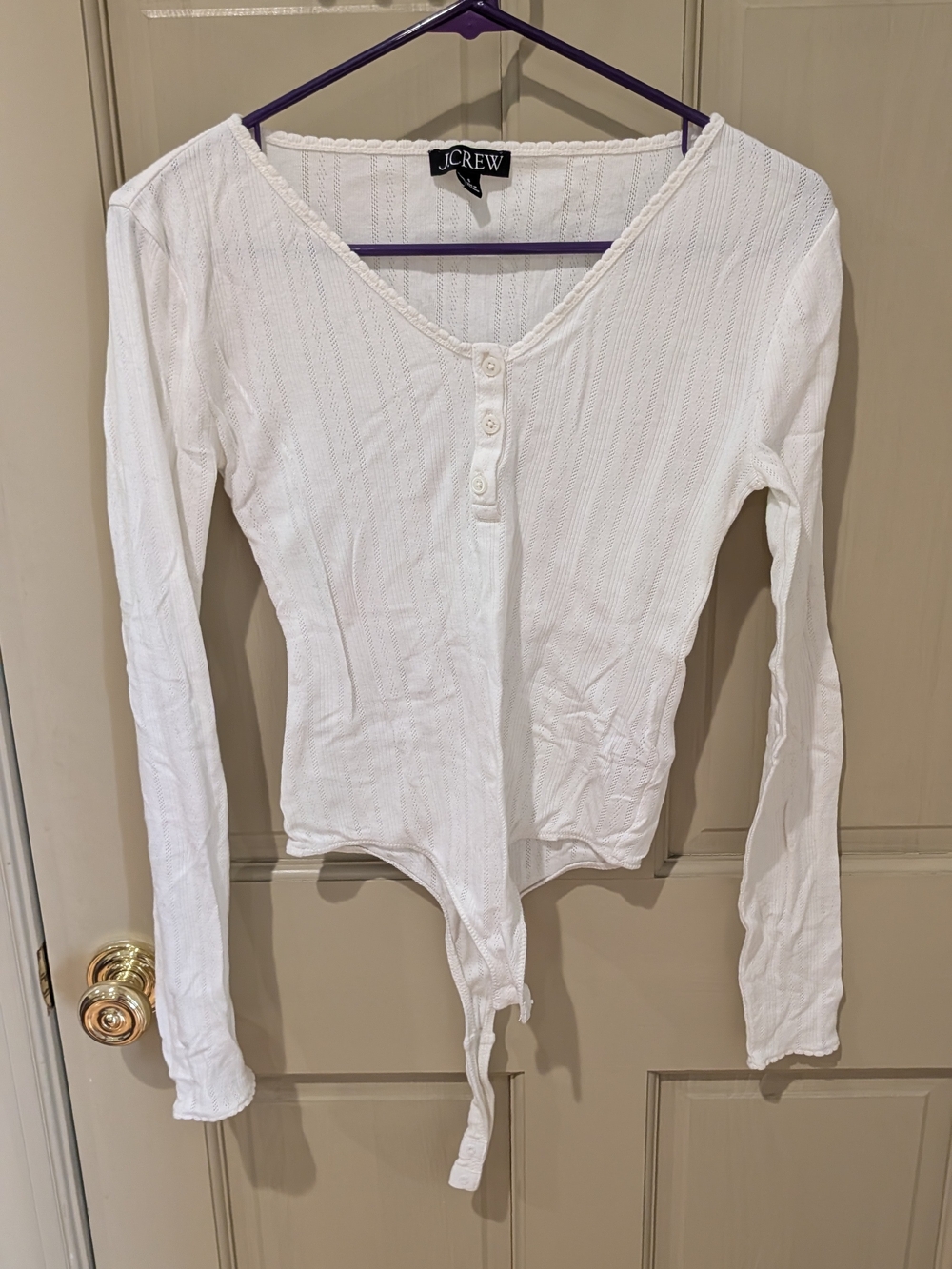 J. Crew Cream Pointelle Ribbed Long-Sleeve Henley Bodysuit